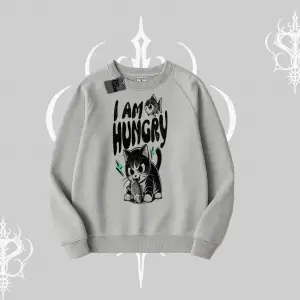 Am Hungry Kedi Baskılı Biskilet Sweatshirt