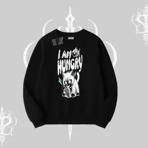 Am Hungry Kedi Baskılı Biskilet Sweatshirt