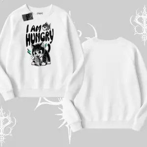 Am Hungry Kedi Baskılı Biskilet Sweatshirt