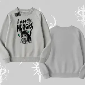 Am Hungry Kedi Baskılı Biskilet Sweatshirt