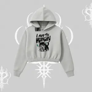 Am Hungry Kedi Baskılı Kapşonlu Crop Sweatshirt