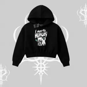 Am Hungry Kedi Baskılı Kapşonlu Crop Sweatshirt