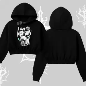 Am Hungry Kedi Baskılı Kapşonlu Crop Sweatshirt