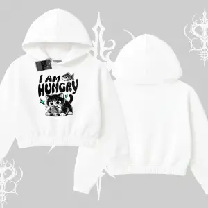 Am Hungry Kedi Baskılı Kapşonlu Crop Sweatshirt