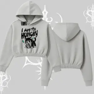 Am Hungry Kedi Baskılı Kapşonlu Crop Sweatshirt