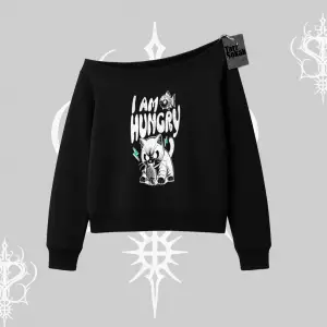 Am Hungry Kedi Baskılı Kayık Yaka Sweatshirt