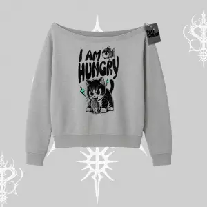 Am Hungry Kedi Baskılı Kayık Yaka Sweatshirt