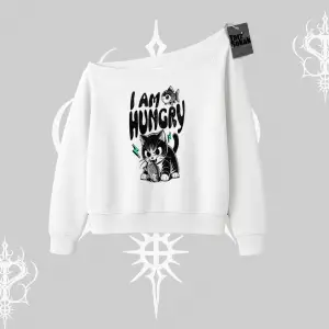 Am Hungry Kedi Baskılı Kayık Yaka Sweatshirt