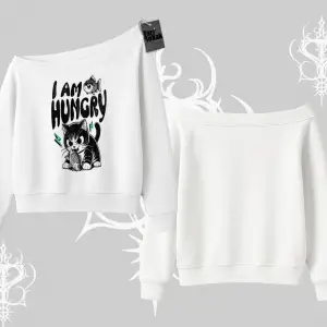 Am Hungry Kedi Baskılı Kayık Yaka Sweatshirt