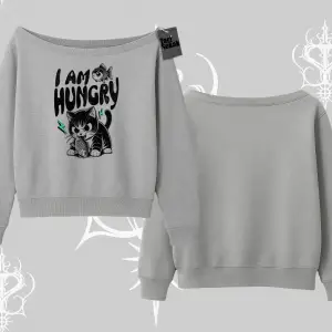 Am Hungry Kedi Baskılı Kayık Yaka Sweatshirt