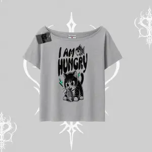 Am Hungry Kedi Baskılı Kayık Yaka Tshirt