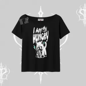 Am Hungry Kedi Baskılı Kayık Yaka Tshirt