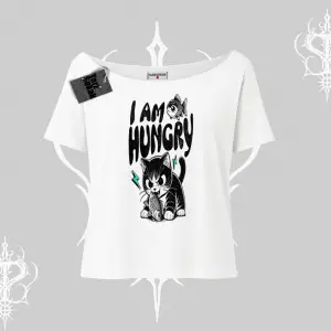 Am Hungry Kedi Baskılı Kayık Yaka Tshirt