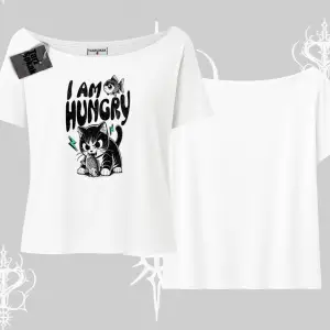 Am Hungry Kedi Baskılı Kayık Yaka Tshirt