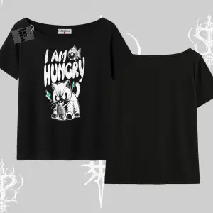 Am Hungry Kedi Baskılı Kayık Yaka Tshirt