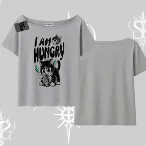 Am Hungry Kedi Baskılı Kayık Yaka Tshirt