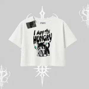 Am Hungry Kedi Baskılı Oversize Crop Tshirt