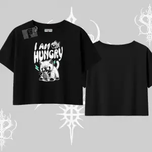 Am Hungry Kedi Baskılı Oversize Crop Tshirt