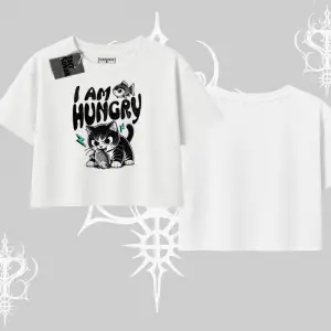 Am Hungry Kedi Baskılı Oversize Crop Tshirt