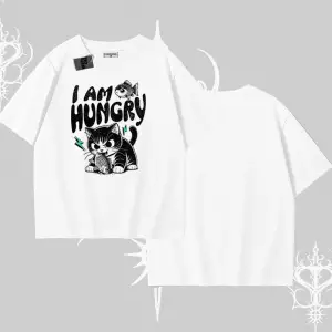Am Hungry Kedi Baskılı Oversize Tshirt