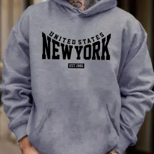 Amerika Birleşik Devletleri New York Est 1986 Baskılı Erkek Sonbahar Polar Kapşonlu Kazaklar