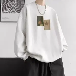 Amerikan Retro Moda Baskılı Uzun Kollu Tişört Erkek Trendy Yuvarlak Yaka Kazak Gevşek ve Çok