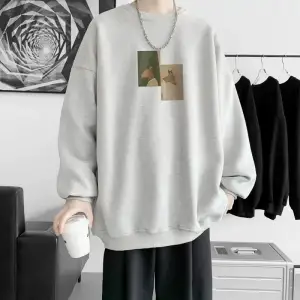 Amerikan Retro Moda Baskılı Uzun Kollu Tişört Erkek Trendy Yuvarlak Yaka Kazak Gevşek ve Çok