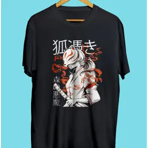 Anime Demon Slayer Maskeli Kedi Tasarım Baskılı Unisex Tişört