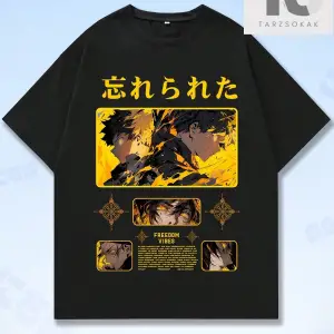 Anime Erkek Figürü ve Japon Harf Grafikli Tişört
