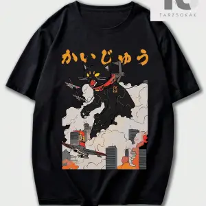 Anime Erkek Harfli Kedi Baskı Kısa Kollu Tişört