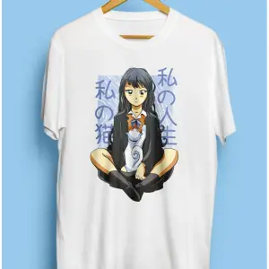 Anime Genç Kız Ve Evcil Kedisi Tasarım Baskılı Unisex Tişört