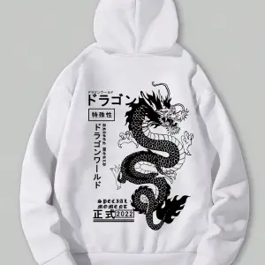 Anime Guys Dragon & Letter Graphic Drawstring Lined Hoodie Beyaz