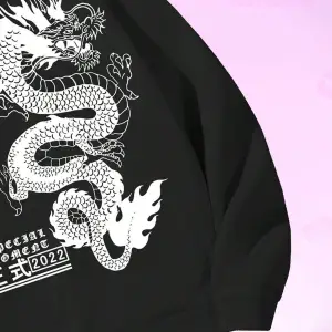 Anime Guys Dragon & Letter Graphic Drawstring Lined Hoodie Beyaz