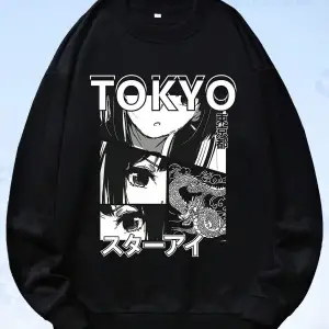 Anime Guys Letter Figure Graphic Sweatshirt Siyah