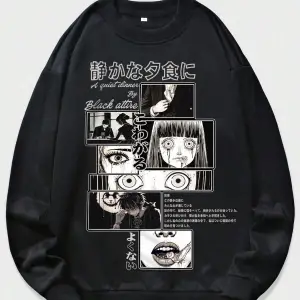 Anime Guys Slogan & Figure Graphic Sweatshirt Siyah
