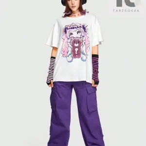 Anime Kadın Sevimli Büyük Boy Kısa Kollu Tişört Karikatür Kız Ve Ayı Baskı