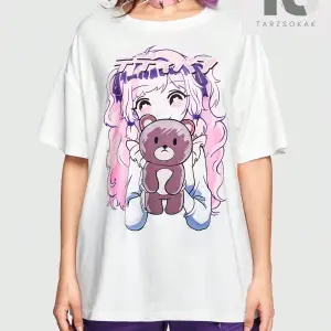 Anime Kadın Sevimli Büyük Boy Kısa Kollu Tişört Karikatür Kız Ve Ayı Baskı