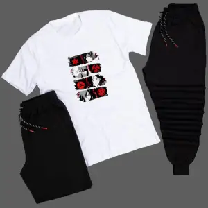 Anime Sharingan Baskılı Unisex Yazlık Şort - Normal Kalıp Tişört - Eşofman Altı Komb