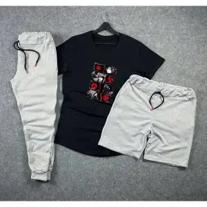 Anime Sharingan Baskılı Unisex Yazlık Şort - Normal Kalıp Tişört - Eşofman Altı Komb