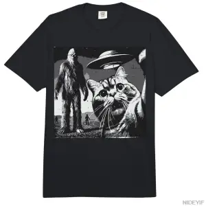 asquatch Kedi UFO Selfie Bigfoot Yavru Kedi Meme T-shirt Erkekler Kadınlar Için % 100% Pamuk