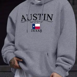 Austin Texas Harfli Baskılı Polar Moda Giyim Erkek Temel Sıcak Kapüşonlu Üst Sonbahar Spor Ti