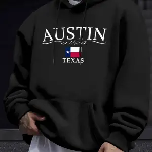 Austin Texas Harfli Baskılı Polar Moda Giyim Erkek Temel Sıcak Kapüşonlu Üst Sonbahar Spor Ti