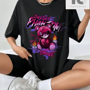 Ayı ve Mektup Baskılı ve Düşük Omuz Tasarımlı Bol Kesim Kadın Tişört