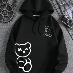 Ayıcık Baskılı 3 İplik Kapüşonlu Ünisex Oversize Sweatshirt Siyah