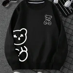 Ayıcık Baskılı Üç İplik Kalın Bisiklet Yaka Unisex Oversize Sweatshirt Siyah