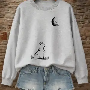 Ayışığına Bakan Kedi Baskılı Kadın Kışlık Polar Sıcak Kapüşonlu Sweatshirt Bol Yuvarlak Yaka