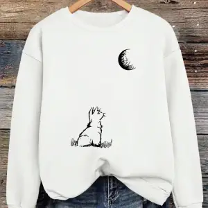 Ayışığına Bakan Kedi Baskılı Kadın Kışlık Polar Sıcak Kapüşonlu Sweatshirt Bol Yuvarlak Yaka