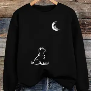 Ayışığına Bakan Kedi Baskılı Kadın Kışlık Polar Sıcak Kapüşonlu Sweatshirt Bol Yuvarlak Yaka