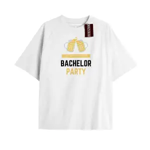 BACHELOR PARTY Unisex Oversize Yazılı Tshirt BEYAZ