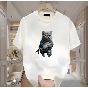 Balık Kedi Baskılı Beyaz Erkek